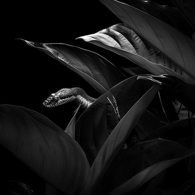 tropical plants of asia jungle leaves with cobra snake black and white photography with black backgr