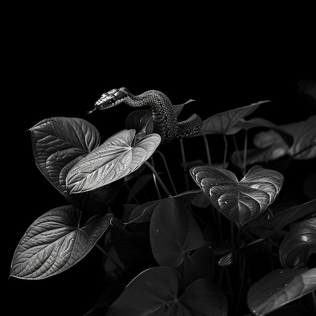 tropical plants of asia jungle leaves with cobra snake black and white photography with black backgr