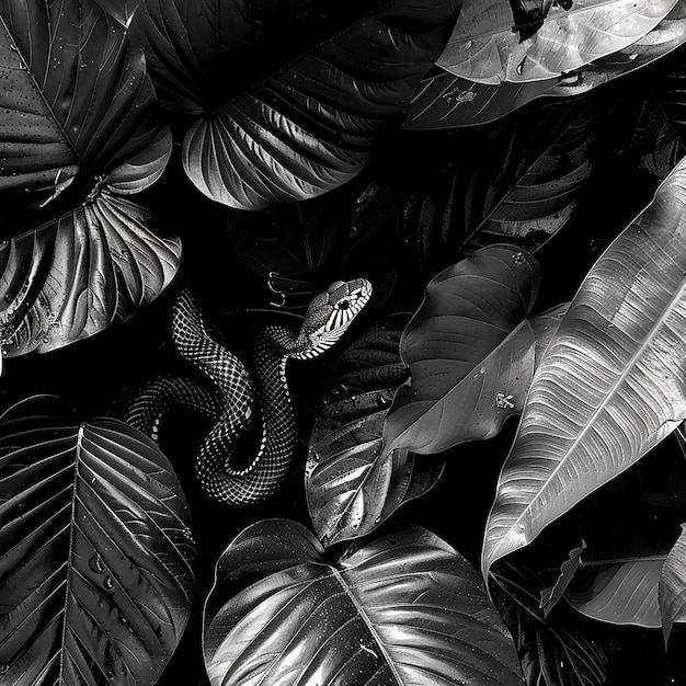 tropical plants of asia jungle leaves with cobra snake black and white photography with black backgr