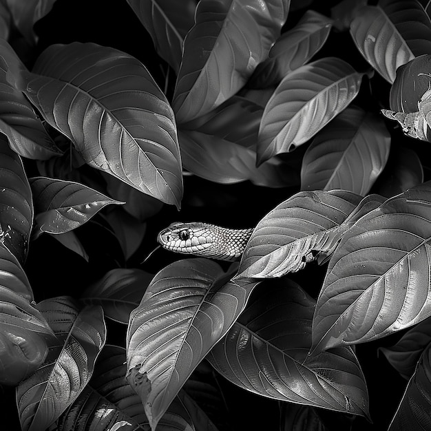 tropical plants of asia jungle leaves with cobra snake black and white photography with black backgr