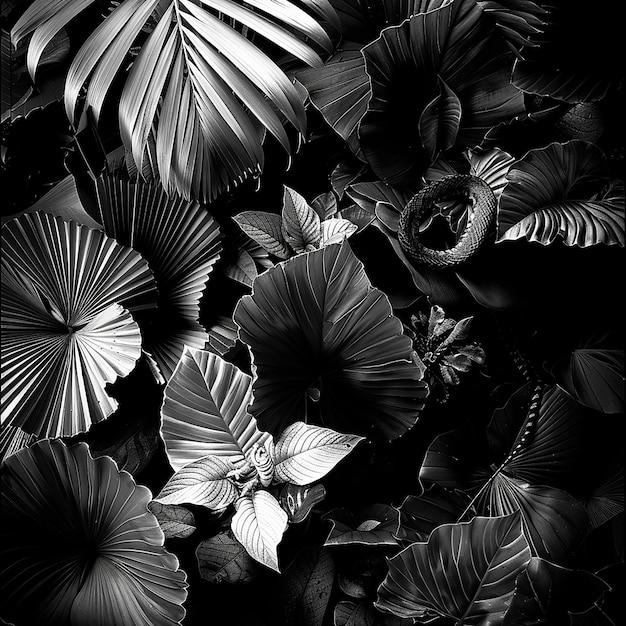 tropical plants of asia jungle leaves with cobra snake black and white photography with black backgr