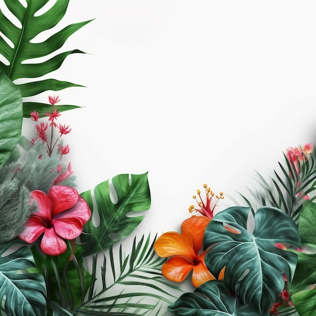 Tropical plants and flowers on white background