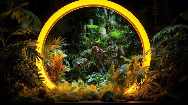 Tropical Plants Neon Circle Frame in Rainforest Environment Vibrant Orange and Yellow Fluorescent