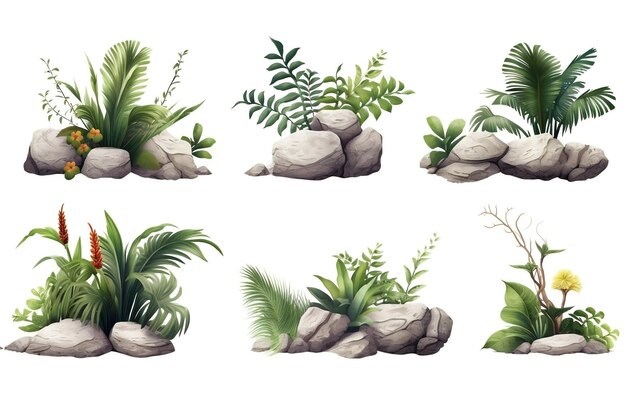 Tropical Plants Set Bushes and Decorative Stones Generative AI