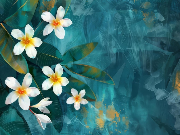 Tropical Plumeria Flowers on Teal Background Botanical Illustration