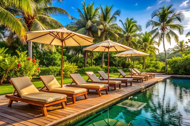 Tropical Poolside Relaxation With Lounge Chairs And Umbrellas