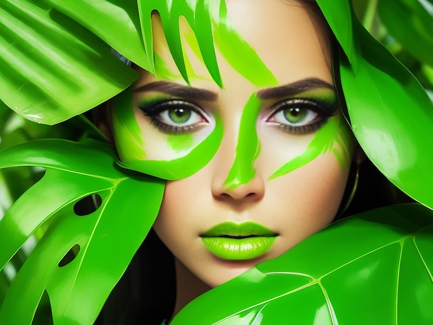 Tropical portrait beautiful woman in leaves palm tree bright green makeup ai generated