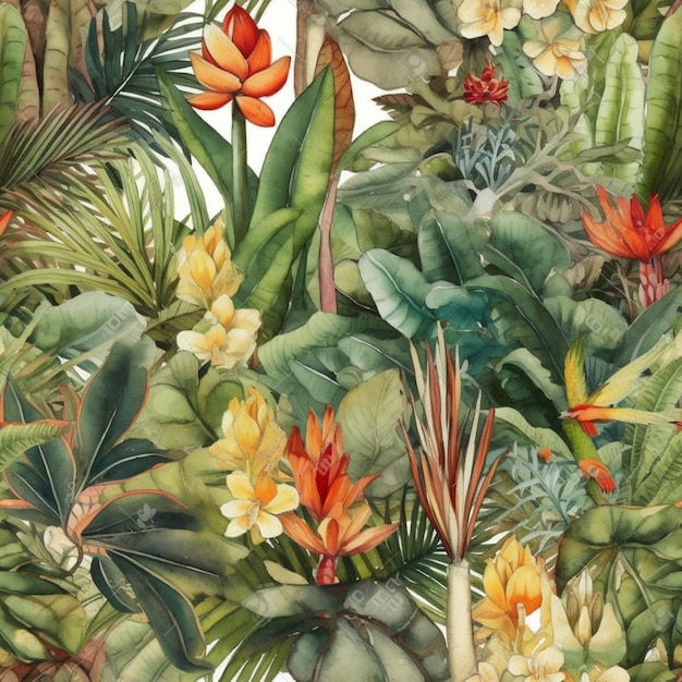 A tropical print with tropical plants and flowers