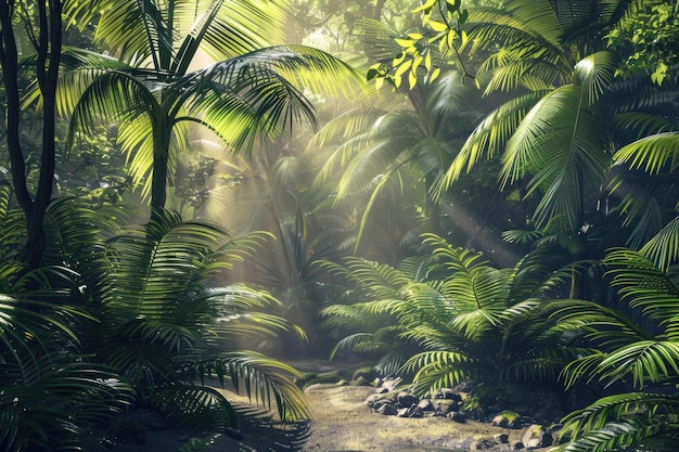 Tropical Rain Forest Morning Light Shining Through Lush Greenery of Jungle Garden