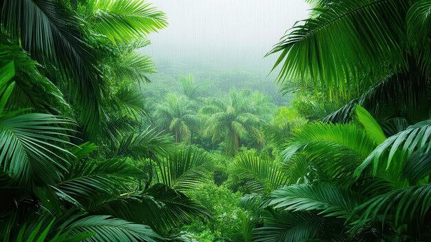 Tropical rain shower over a dense jungle wet weather lush and vibrant