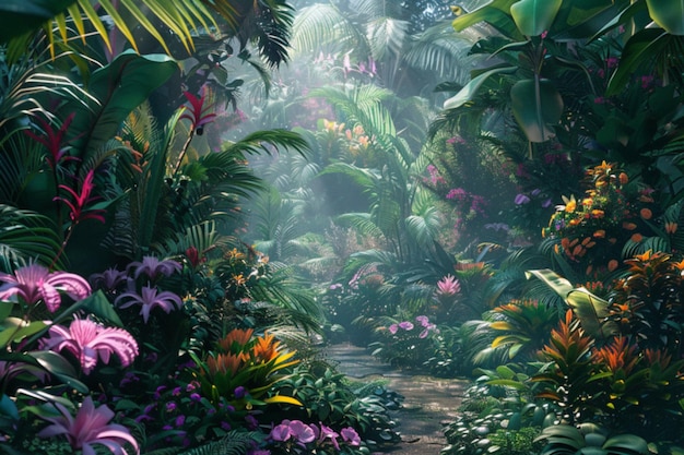 Tropical rainforest alive with exotic flowers bursts of vibrant hues amidst verdant foliage