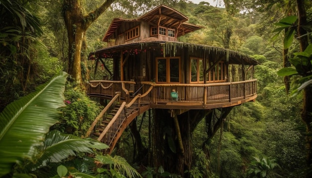 Tropical rainforest hut on cliff surrounded by lush green foliage generated by artificial intelligence