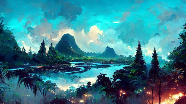 Tropical Rainforest Landscape Tropical forest in the 3D illustration