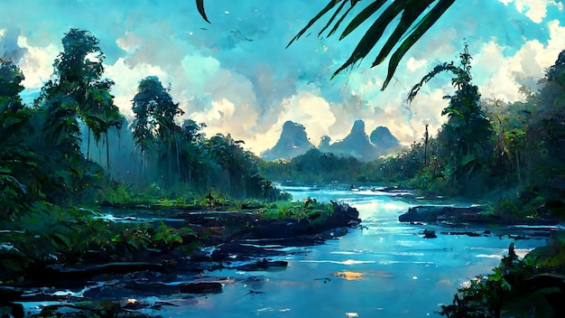 Tropical Rainforest Landscape Tropical forest in the 3D illustration