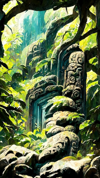 Tropical Rainforest Mayan style stone door 3D illustration