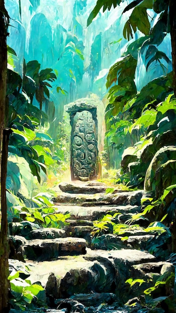 Tropical Rainforest Mayan style stone door 3D illustration