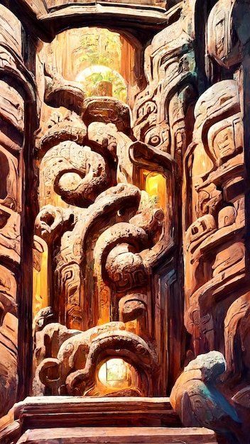 Tropical Rainforest Mayan style stone door 3D illustration