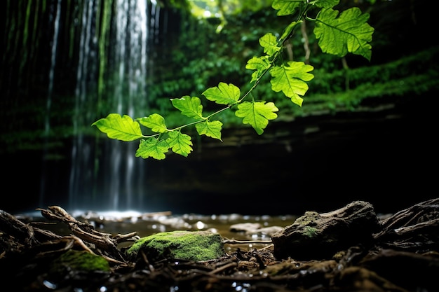 Tropical rainforest at night with a small waterfall and green leaves Generative AI