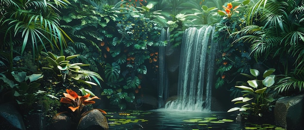 Photo tropical rainforest with exotic plants and a waterfall