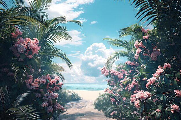 a tropical rainforest with flowers and palm leaves in the beach