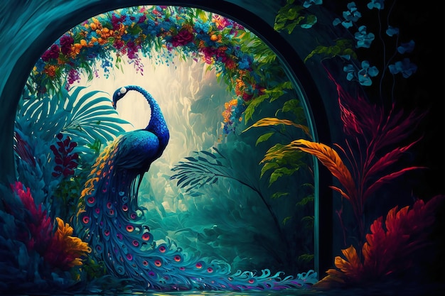 Tropical rainforest with peacock with leaves flowers