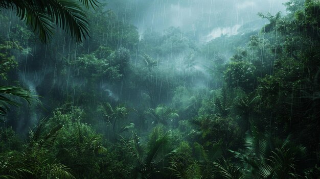 a tropical rainforest with rain falling down on the ground