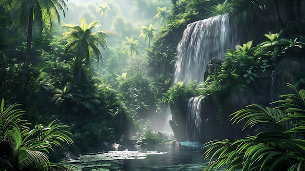 Tropical rainforest with waterfall