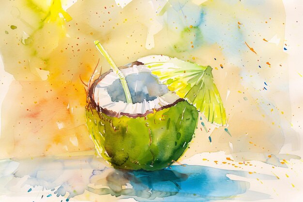 Photo tropical refreshment watercolor coconut cocktail illustration