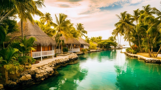 A tropical resort with a palm tree in the foreground and a blue ocean with a palm tree