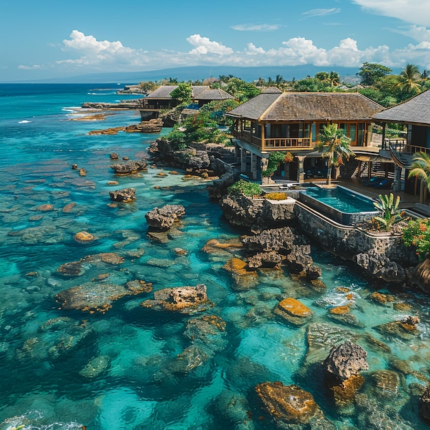 a tropical resort with a pool and a house on the water