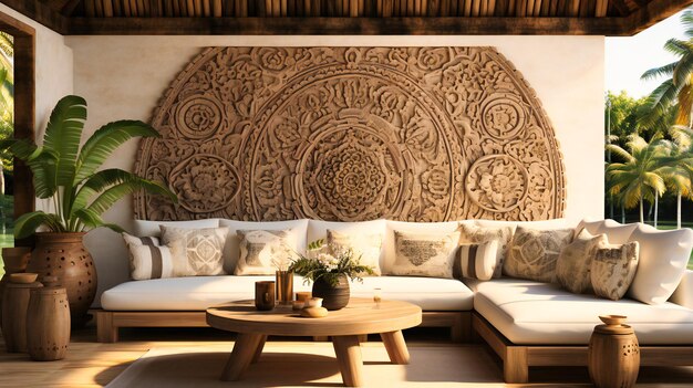 Tropical Retreat Living Room with Carved Wood Wall Art and Comfortable Modern Seating