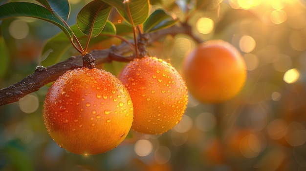 Tropical ripe yellow mango fruit hanging on tree branch with sunlight on background