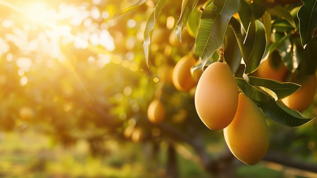 Tropical ripe yellow mango fruit hanging on tree branch