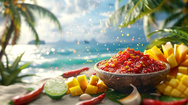 Photo tropical salsa bursting with color and flavor by the beach under a vibrant sky