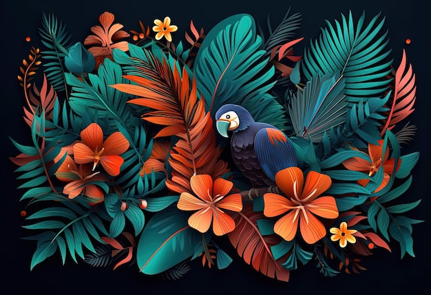 tropical and sappy illustrations in paper cut art style on the dark background