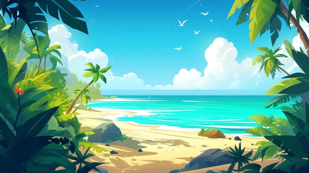 a tropical scene with a beach scene and palm trees