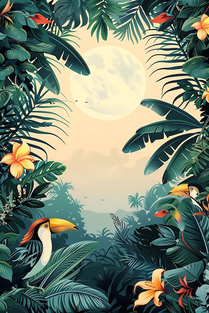 a tropical scene with birds and plants and a full moon