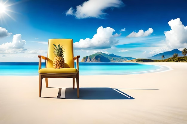 A tropical scene with a chair and a beach and a palm tree on the beach.