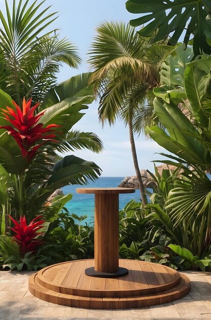 a tropical scene with a palm tree and a bird bath