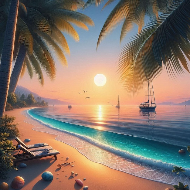 a tropical scene with a palm tree and boats in the water