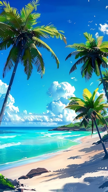 a tropical scene with palm trees and a blue sky