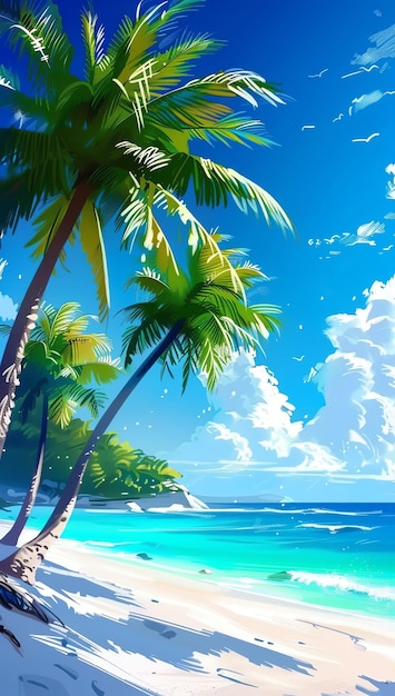 a tropical scene with palm trees and the ocean in the background