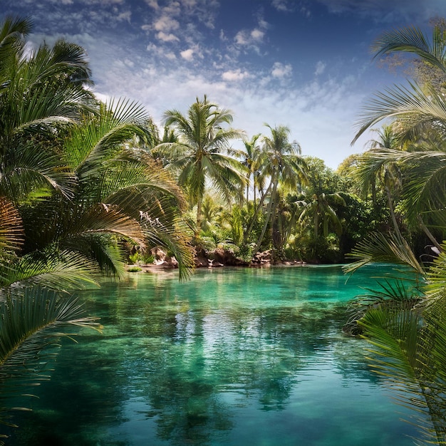 Photo a tropical scene with palm trees and a pool with a palm tree in the background