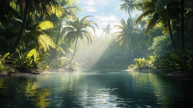 Photo a tropical scene with palm trees and the sun shining through the water