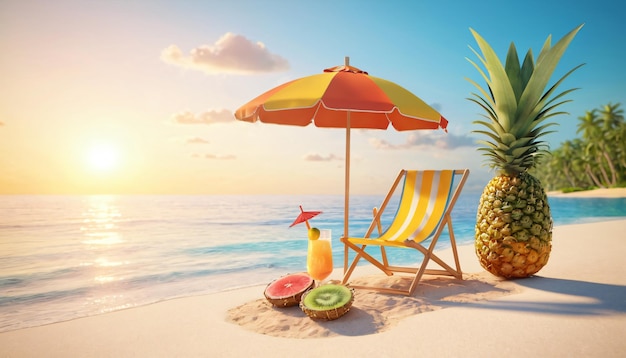 a tropical scene with a pineapple and a pineapple on the beach