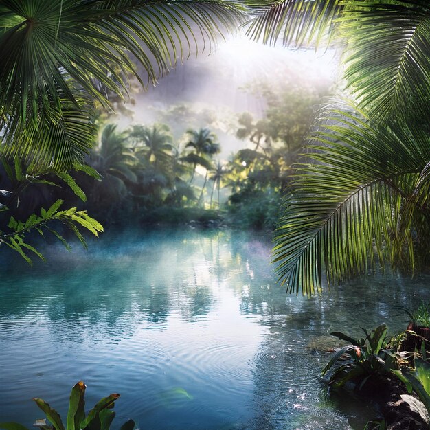 a tropical scene with a pool of water and palm trees