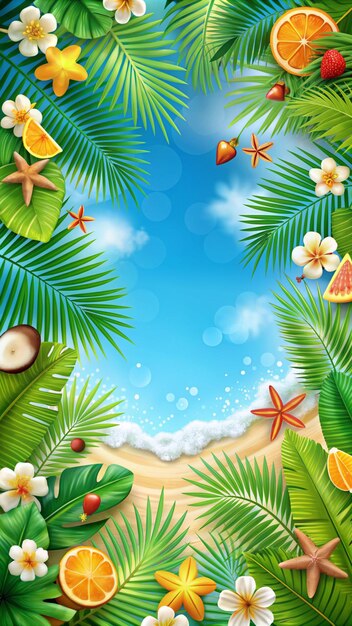 tropical scene with tropical palm trees and a blue sky