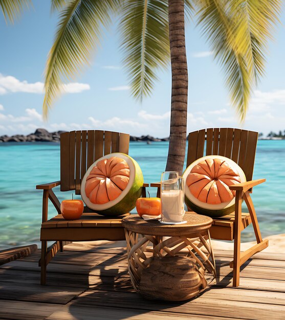 a tropical scene with two chairs and a palm tree on the deck