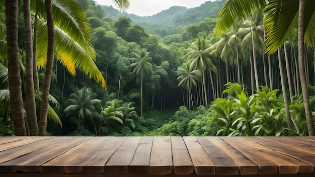 a tropical scene with a wooden deck and palm trees