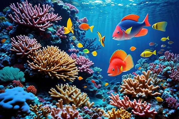 Tropical sea underwater fishes on coral reef generative ai